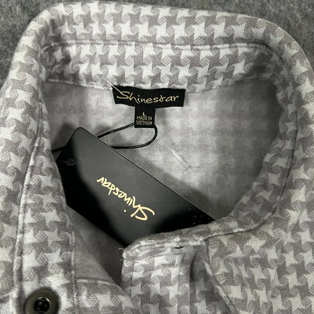 Shinestar Women's Shacket Size Large Grey White Houndstooth Snap‎ Button